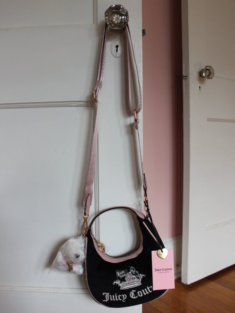 Juicy Couture Crown Hobo Crossbody Shoulder Bag Black Pink Dog Charm Y2K NWT